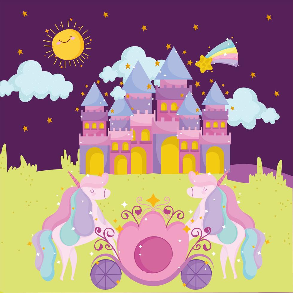 cuento de princesa dibujos animados lindo castillo unicornio estrella fugaz y cielo vector