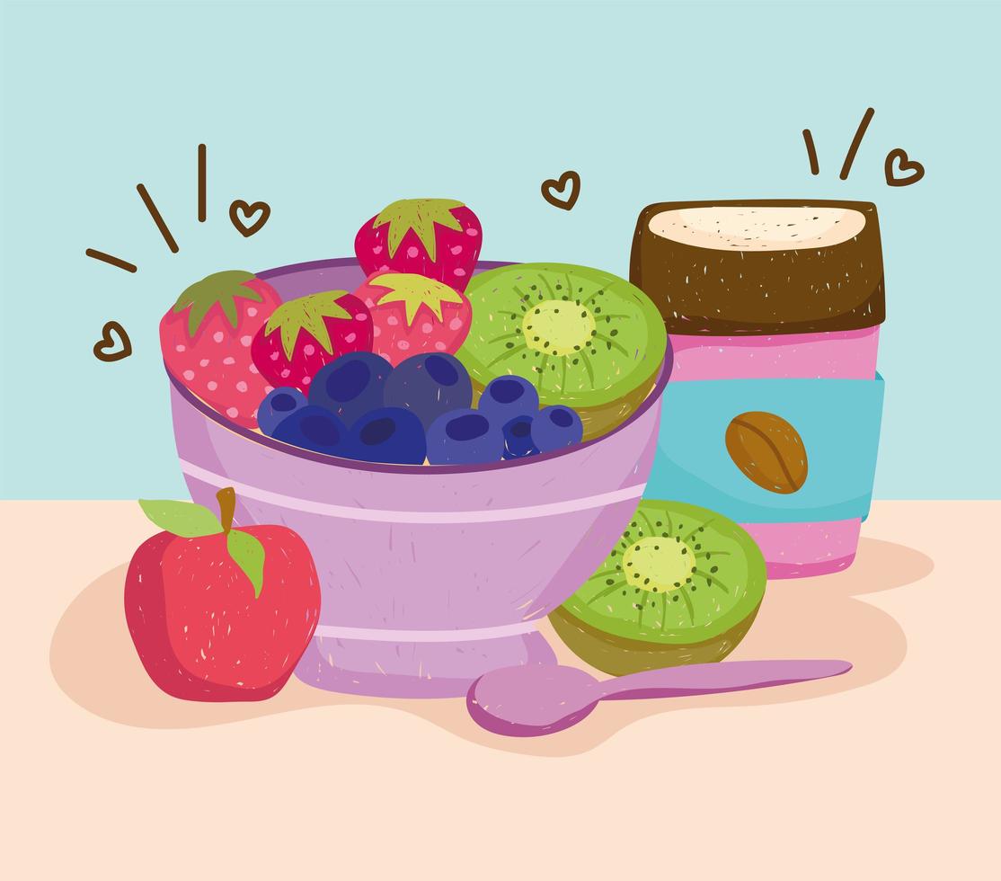 fruits on bowl and coffee vector