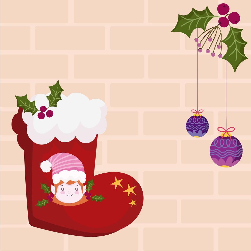 merry christmas, red stocking with helper and balls decoration vector