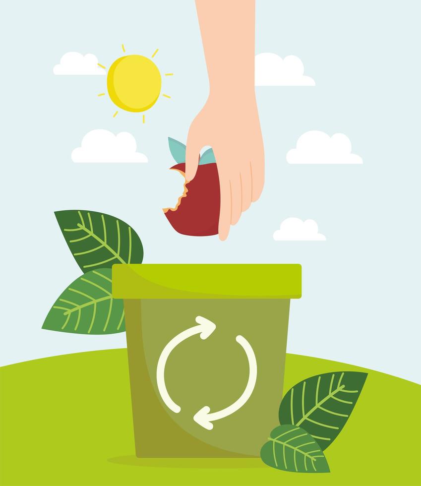 hand with apple on trash recycling vector