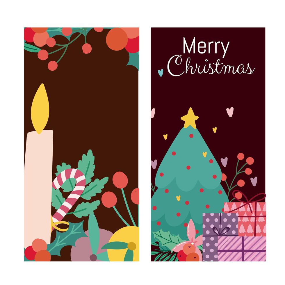 feliz navidad vela árbol regalos y ramas banner vector
