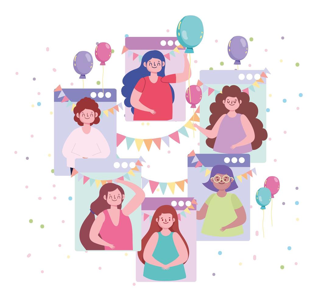 virtual party happy friends, video chat apps celebrations vector