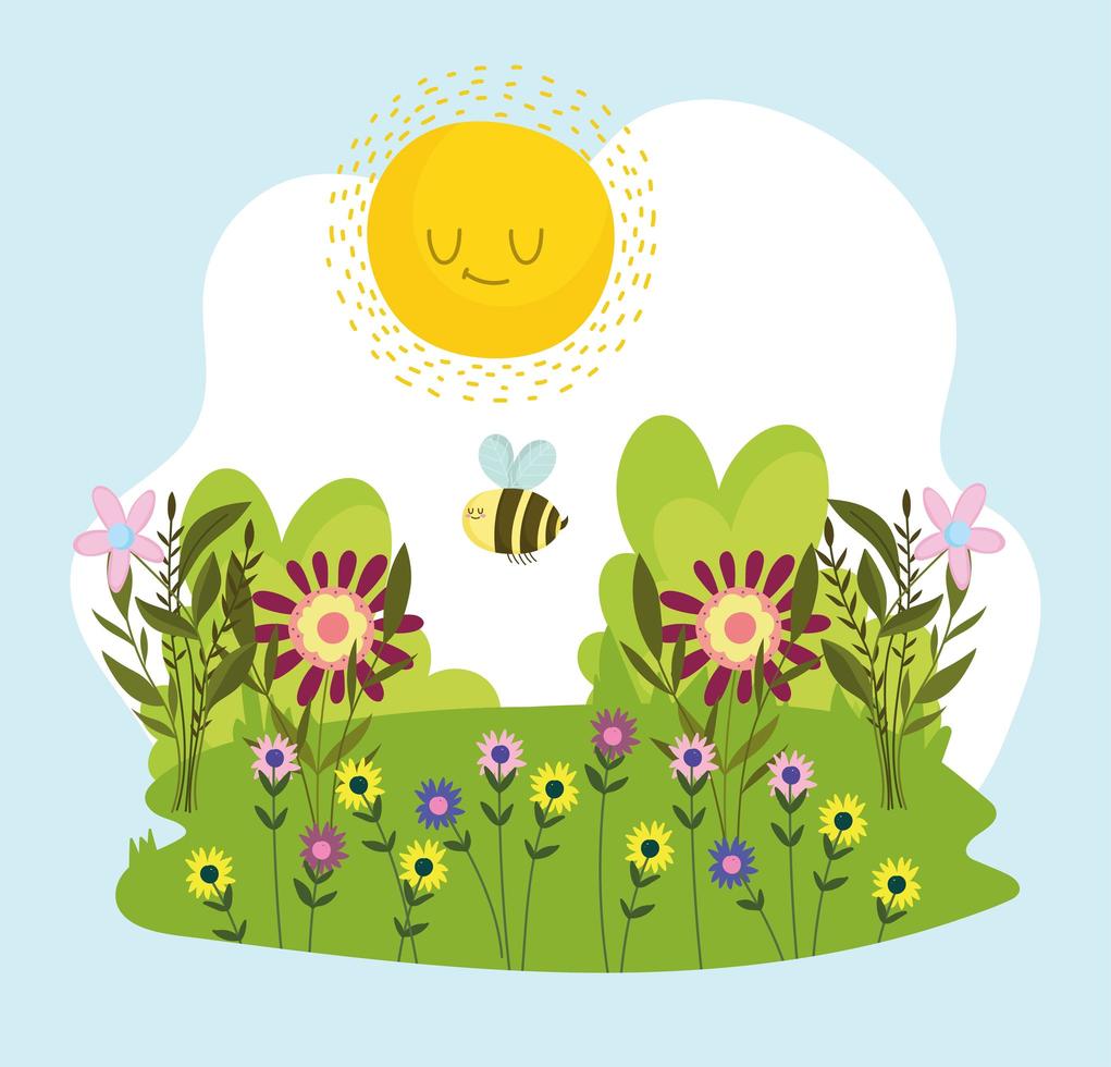 abeja de dibujos animados y flores vector