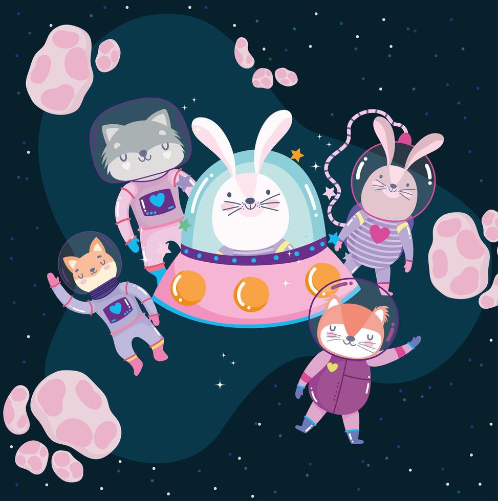 conejo espacial en ovni con astronauta animales aventura explorar dibujos animados vector