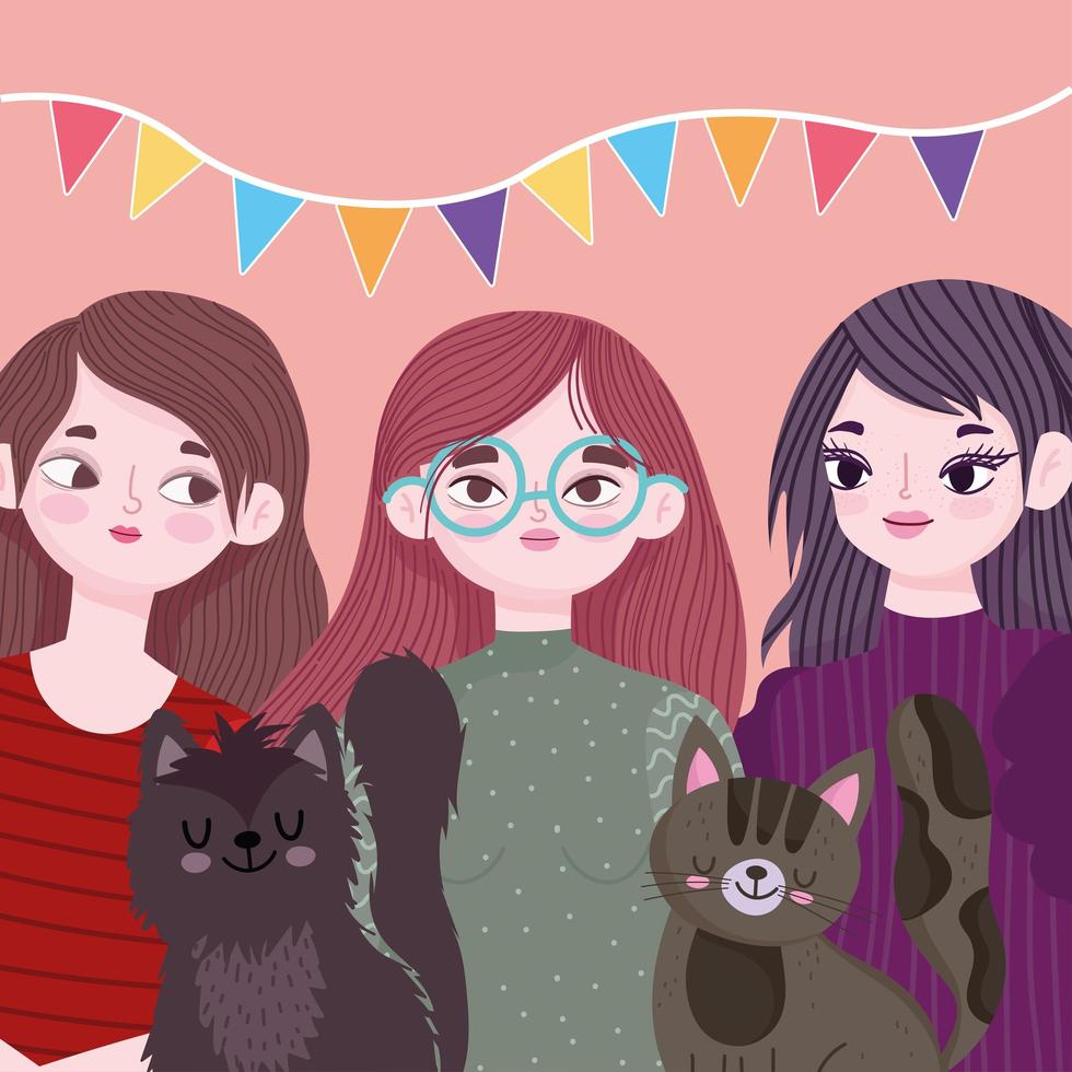 cute group women with cats animals pet cartoon vector