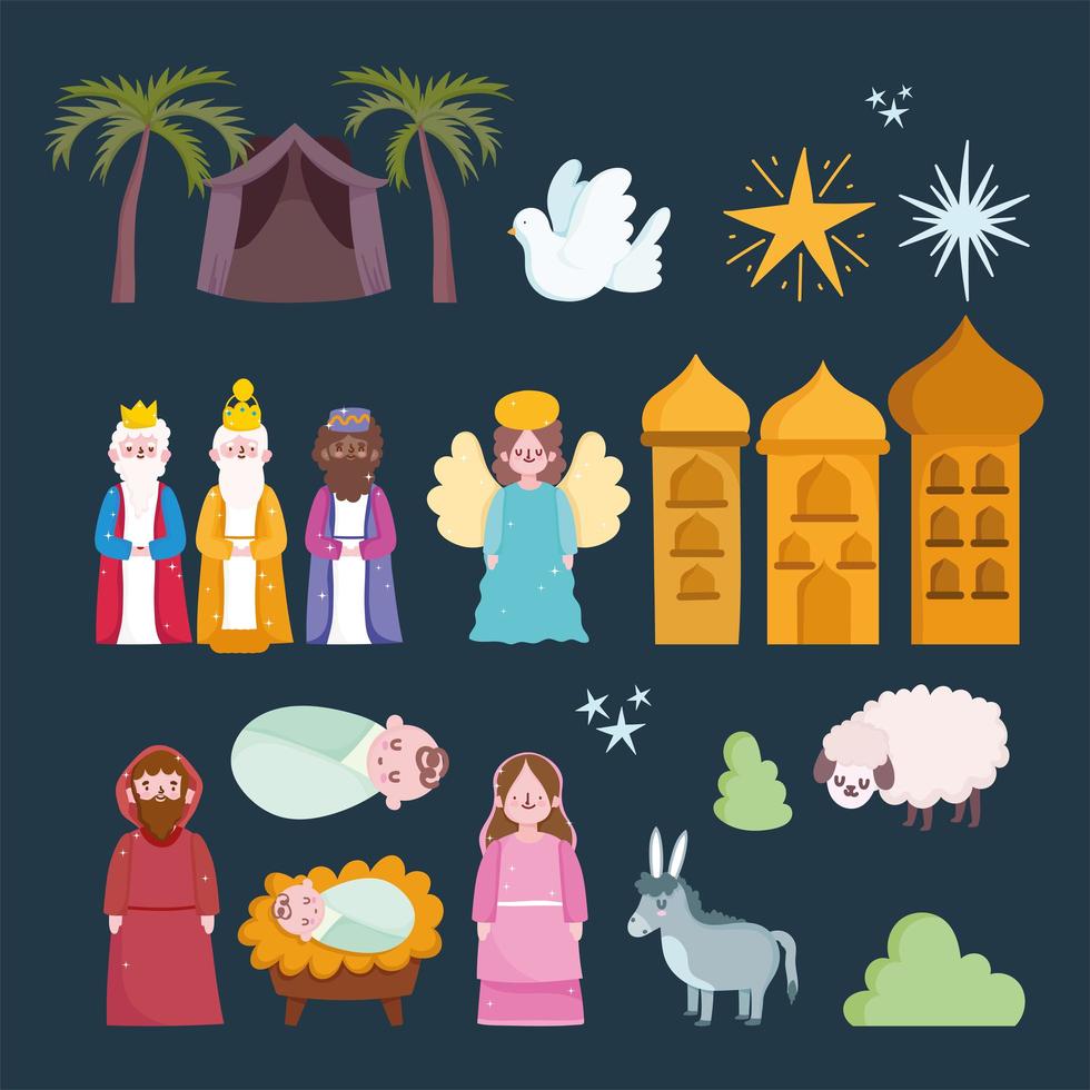 nativity manger cartoon set icons include mary joseph baby angel and more vector