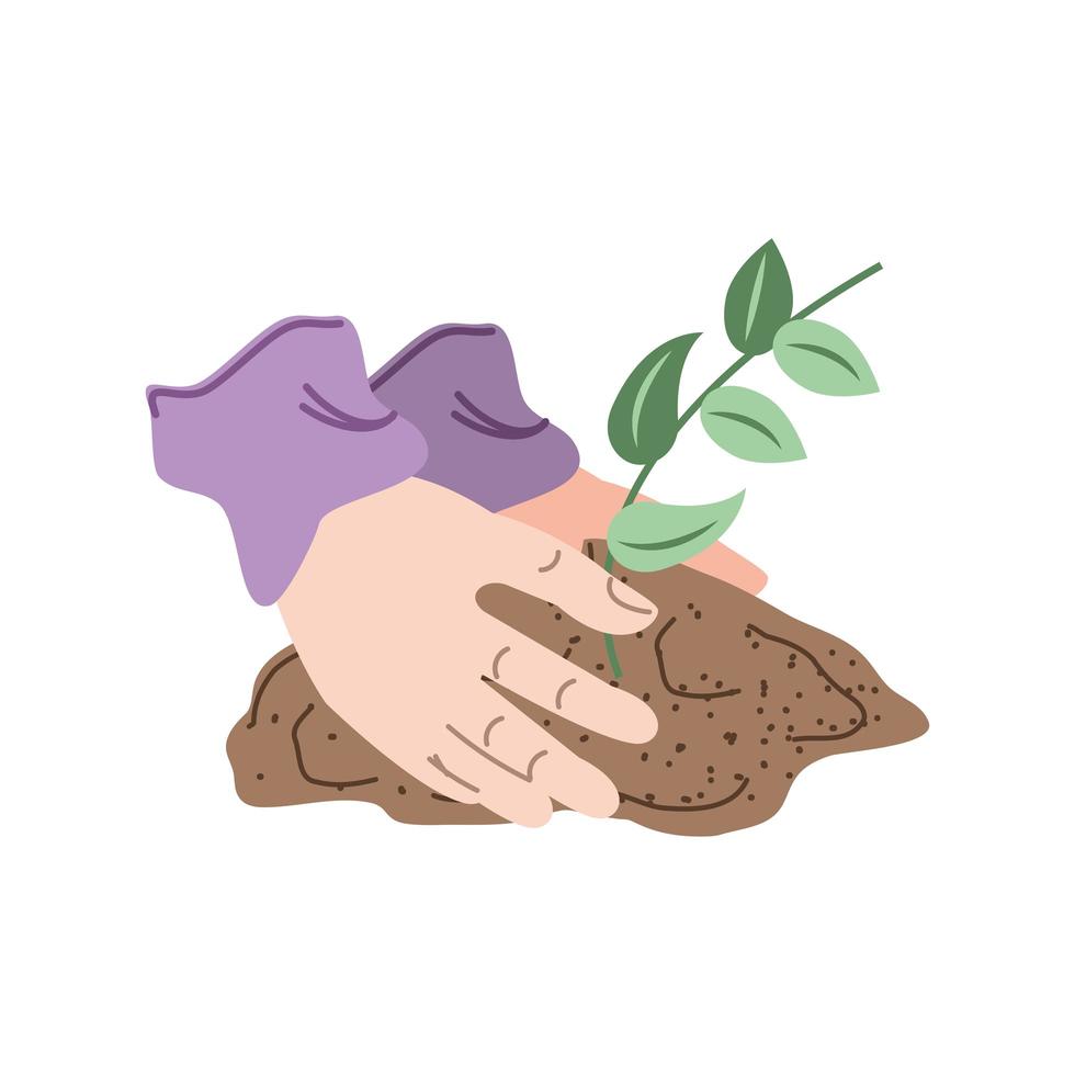 mano plantando hojas en el suelo vector