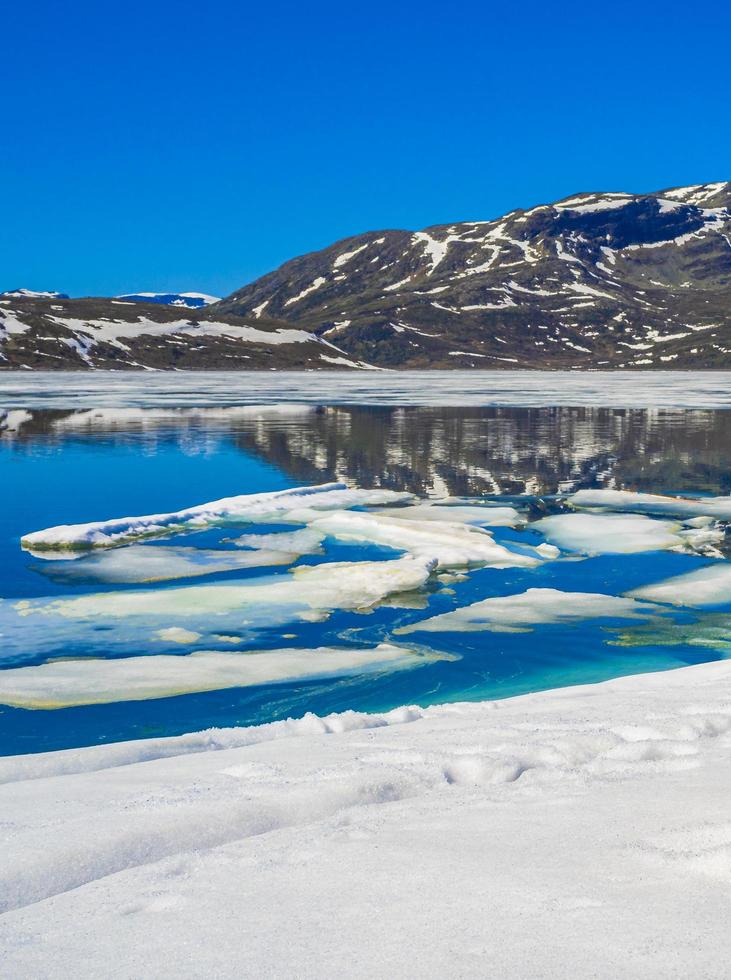 Frozen turquoise lake Vavatn panorama in summer landscape Hemsedal Norway. photo