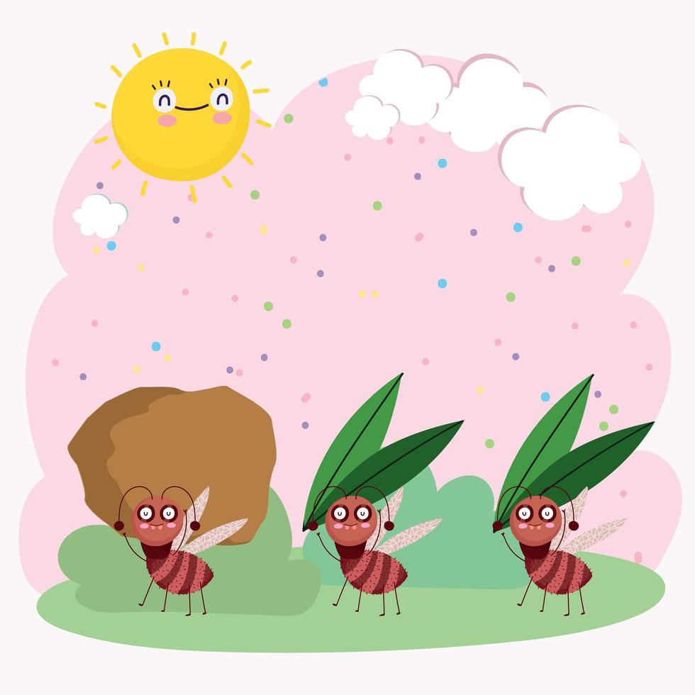 funny colony of ants carrying food bugs animals cartoon vector