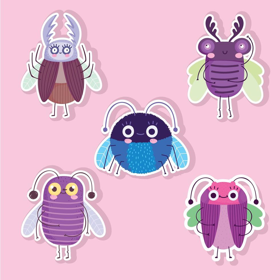 funny bugs animals cartoon stickers style icons vector