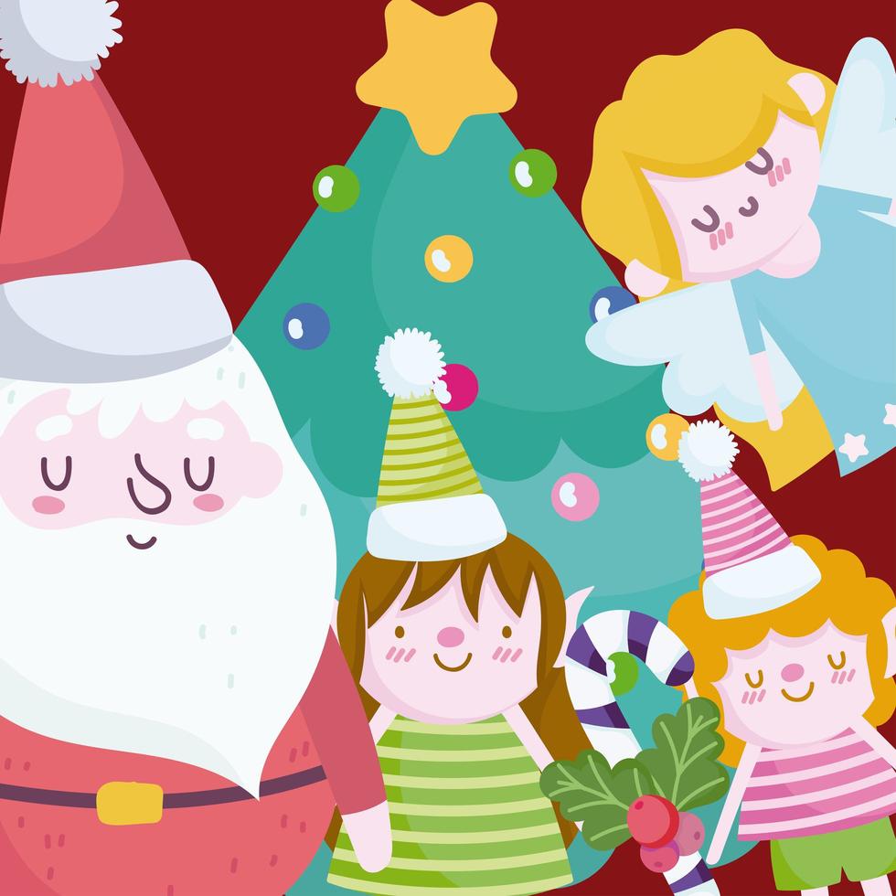 feliz navidad, lindo santa ángel y ayudantes con decoración de árbol vector