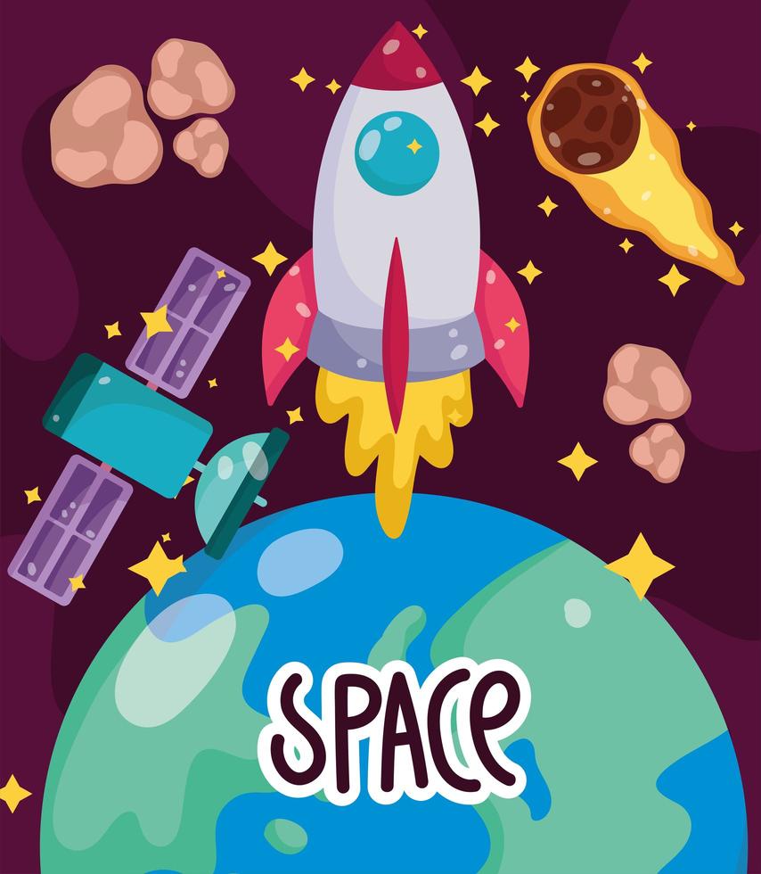 space earth planet spaceship satellite comet exploration cartoon vector