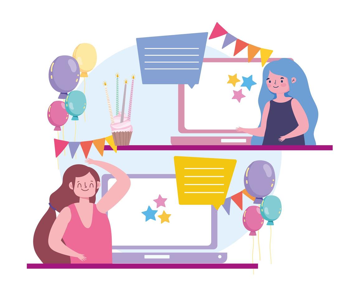 virtual party, women online chat using the video app vector