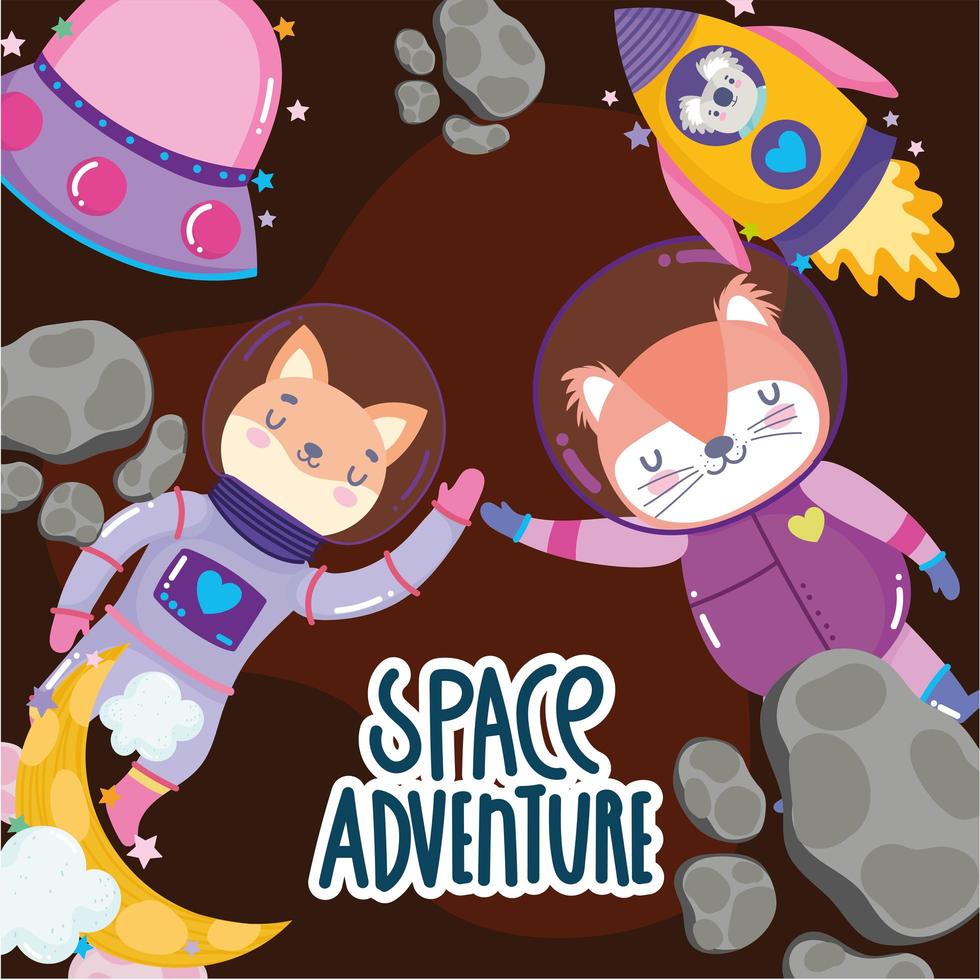 space cat fox and koala spaceship ufo rocket adventure explore animal cartoon vector