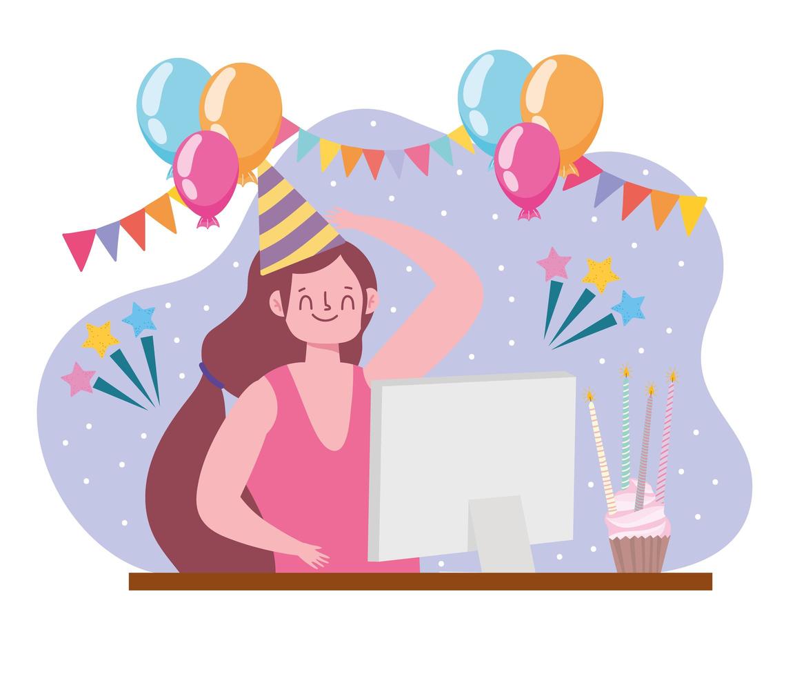 virtual party, girl celebrating during quarantine self isolation vector