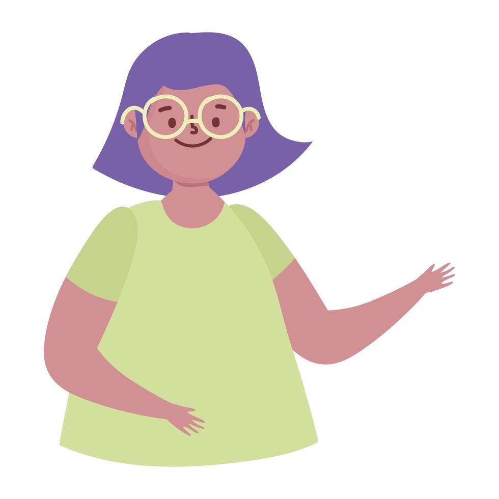 Mujer de carácter con gafas retrato de dibujos animados sobre fondo blanco. vector