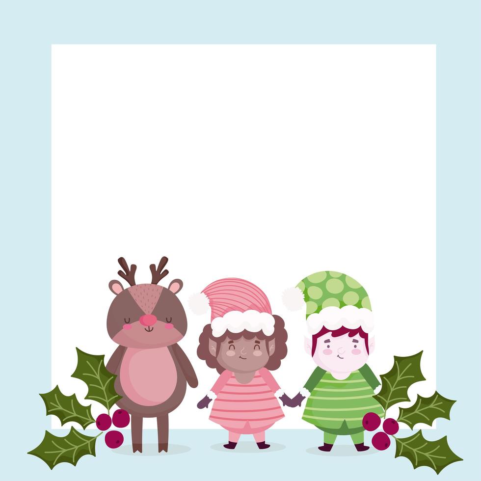 merry christmas, cute reindeer and helpers holly berry card vector