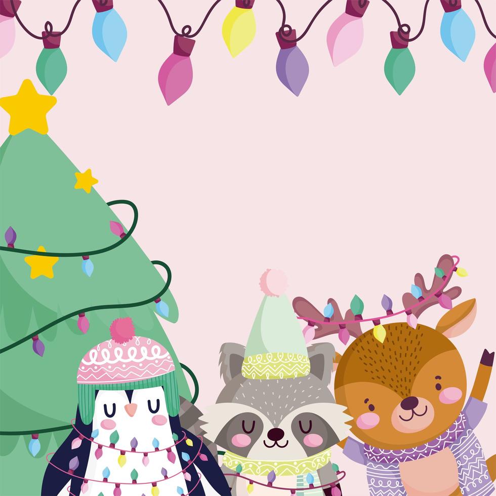 merry christmas, cute animals with tree and lights decoration vector