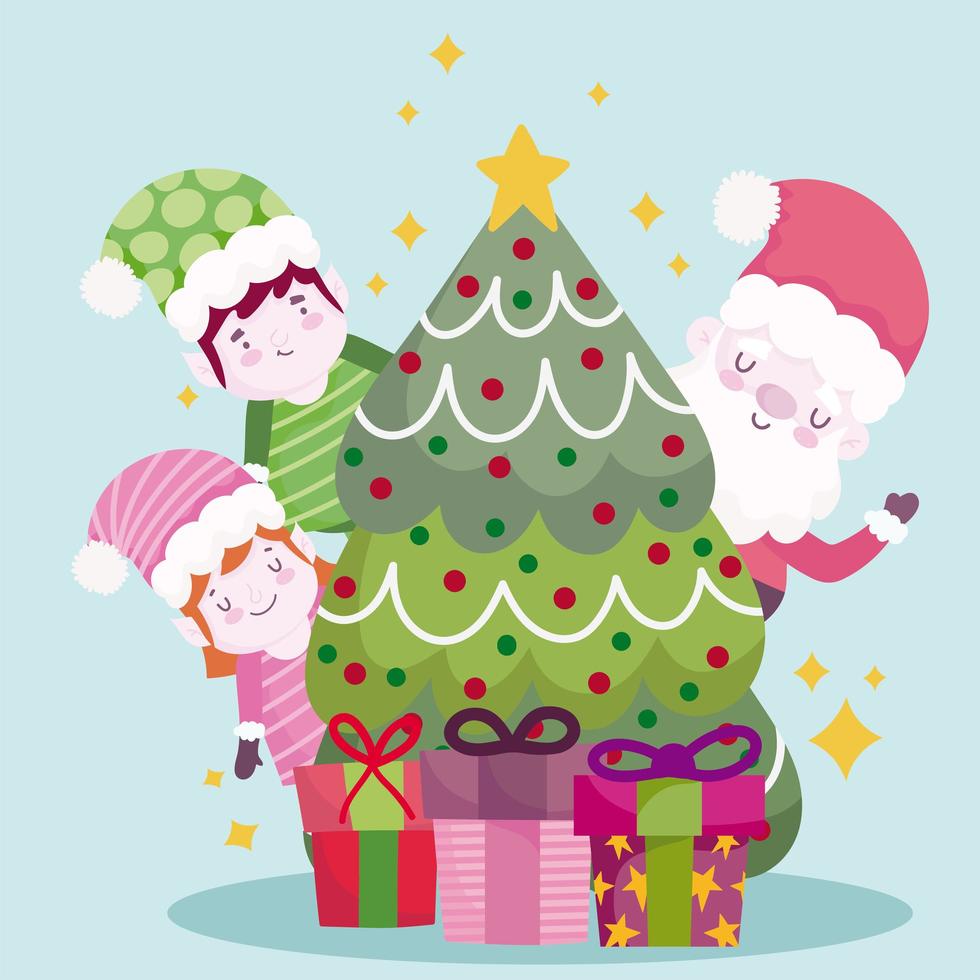 merry christmas, cute santa helpers tree and gifts design vector