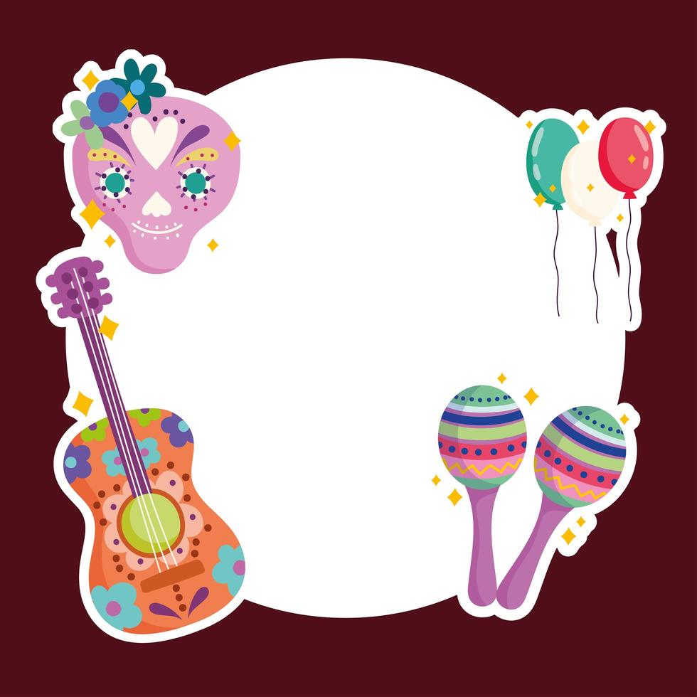 mexico culture traditional music festive guitar maraca skull balloons badge vector