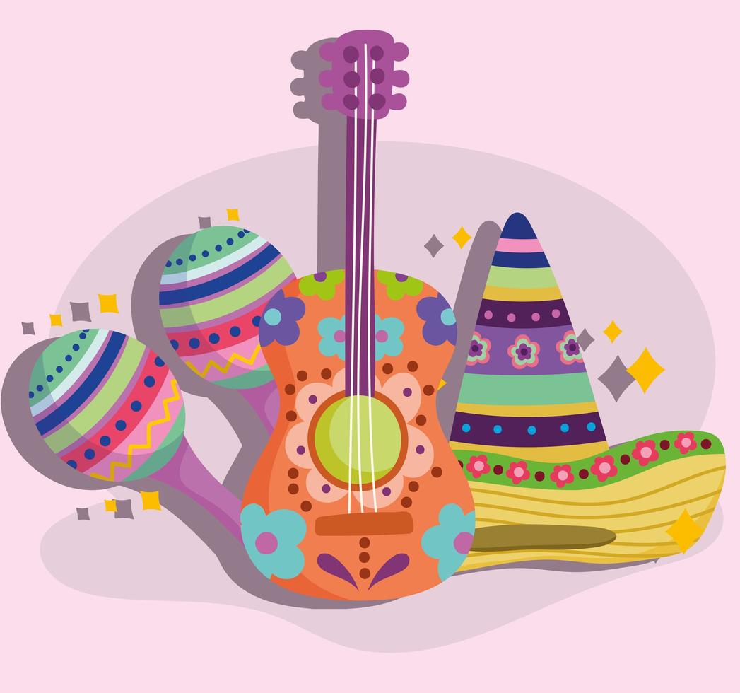 méxico guitarra maraca y sombrero fiesta cultura tradicional vector