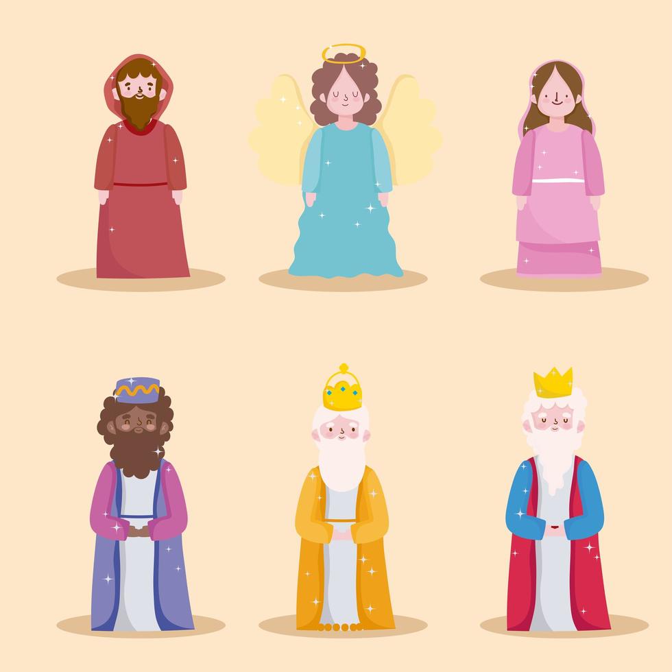 happy epiphany, three wise kings holy mary jospeh and angel vector