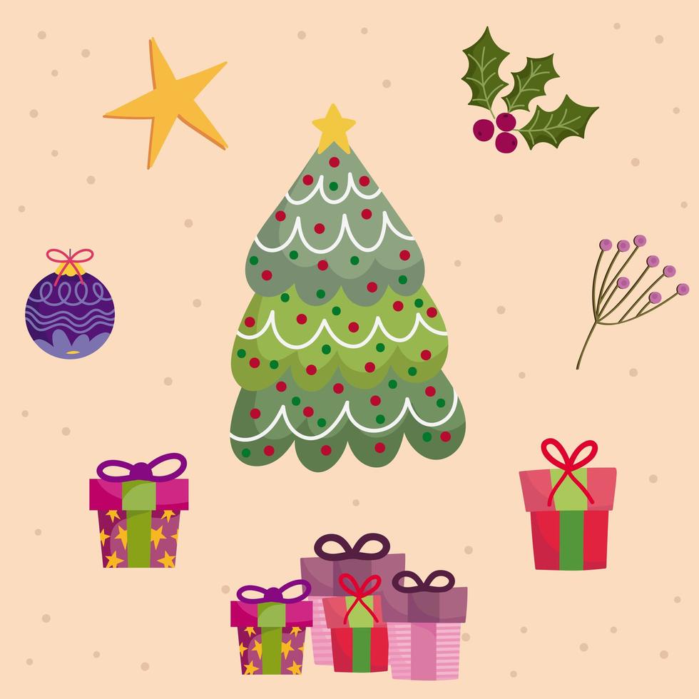 merry christmas, tree gifts ball star and holly berry icons design vector