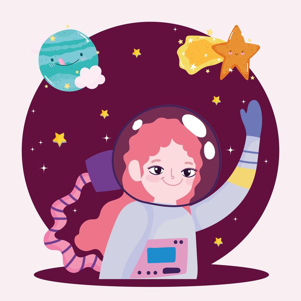 espacio astronauta niña planeta y estrella fugaz linda caricatura vector