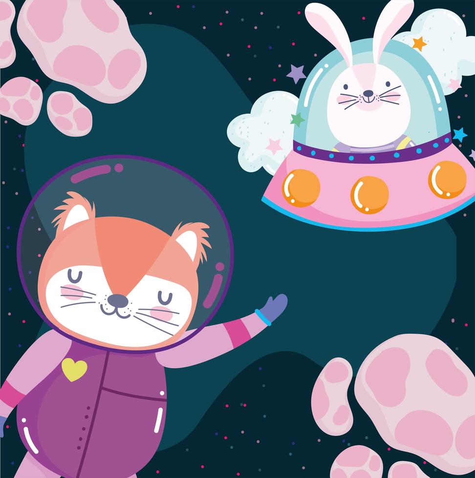 space astronaut fox and rabbit in ufo adventure explore animal cartoon vector