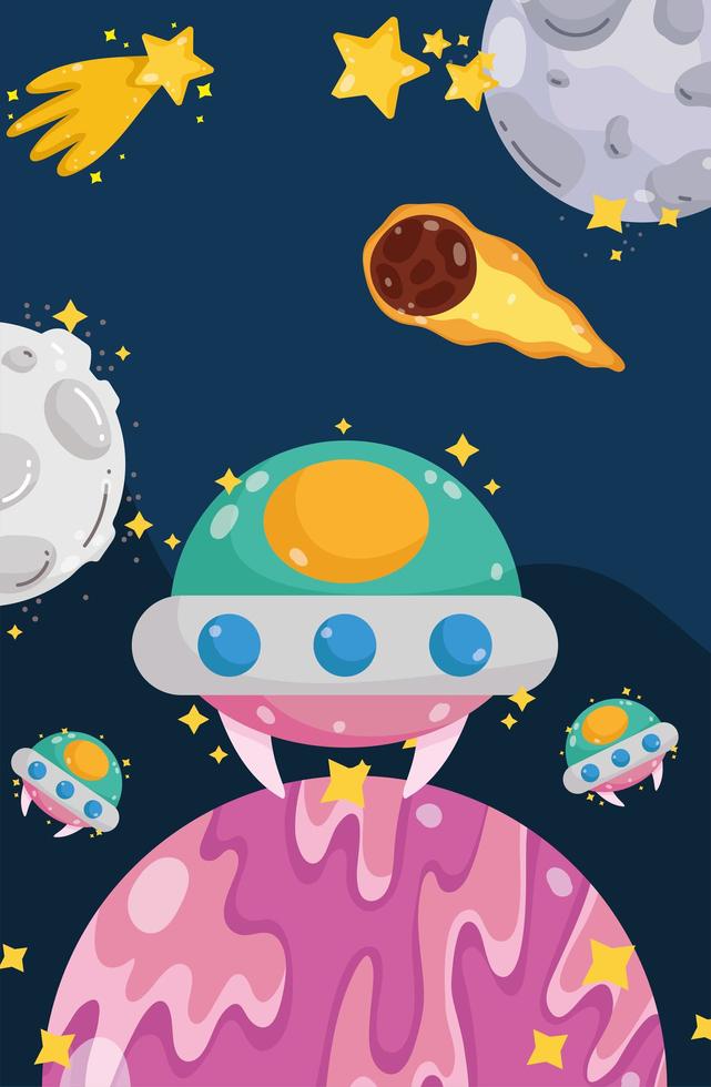 space ufo planet moon comet shooting stars cosmos cartoon vector