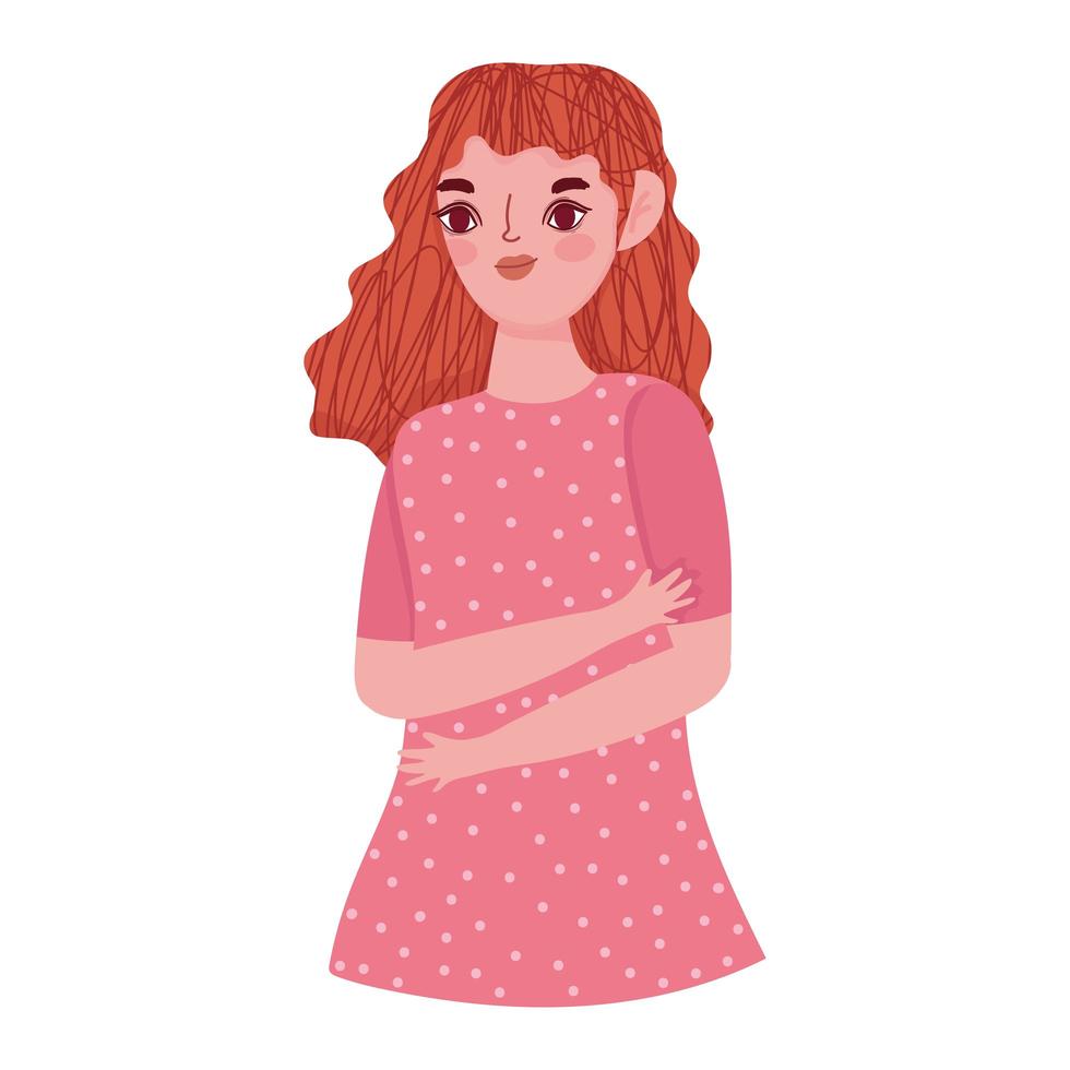 Retrato de personaje de niña con vestido punteado en estilo de dibujos animados vector