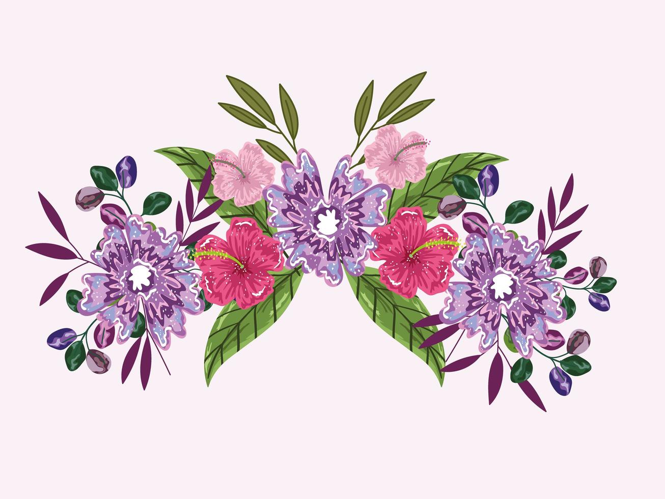 Ramo de follaje de hojas de brote de hibisco de flores, diseño de pintura vector