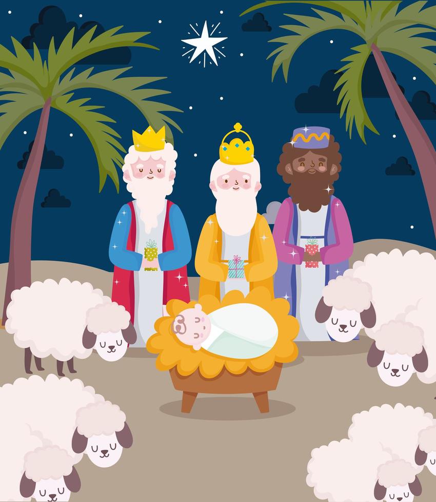 feliz epifanía, tres reyes sabios niño jesús y ovejas vector