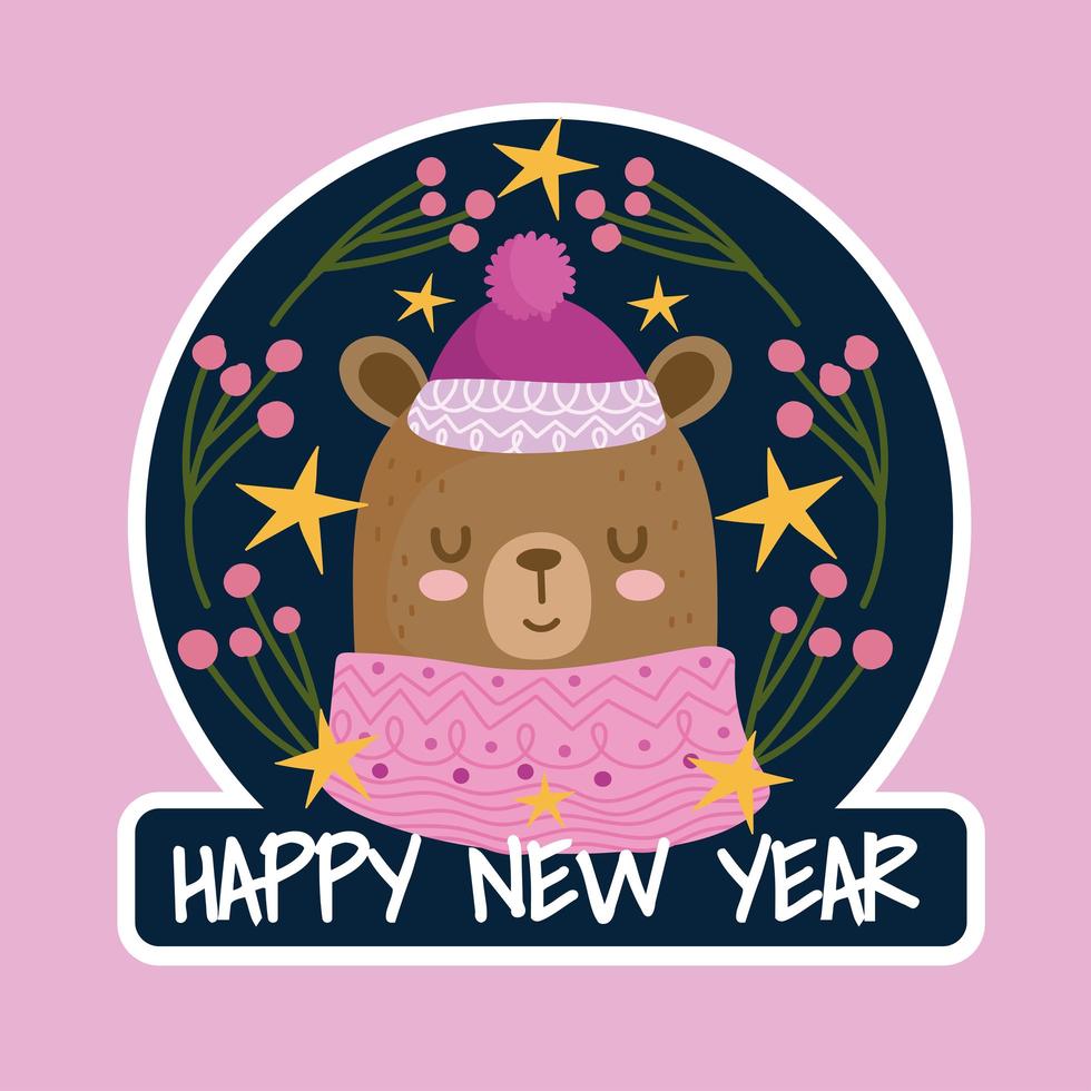 feliz año nuevo lindo oso con suéter y tarjeta de sombrero vector