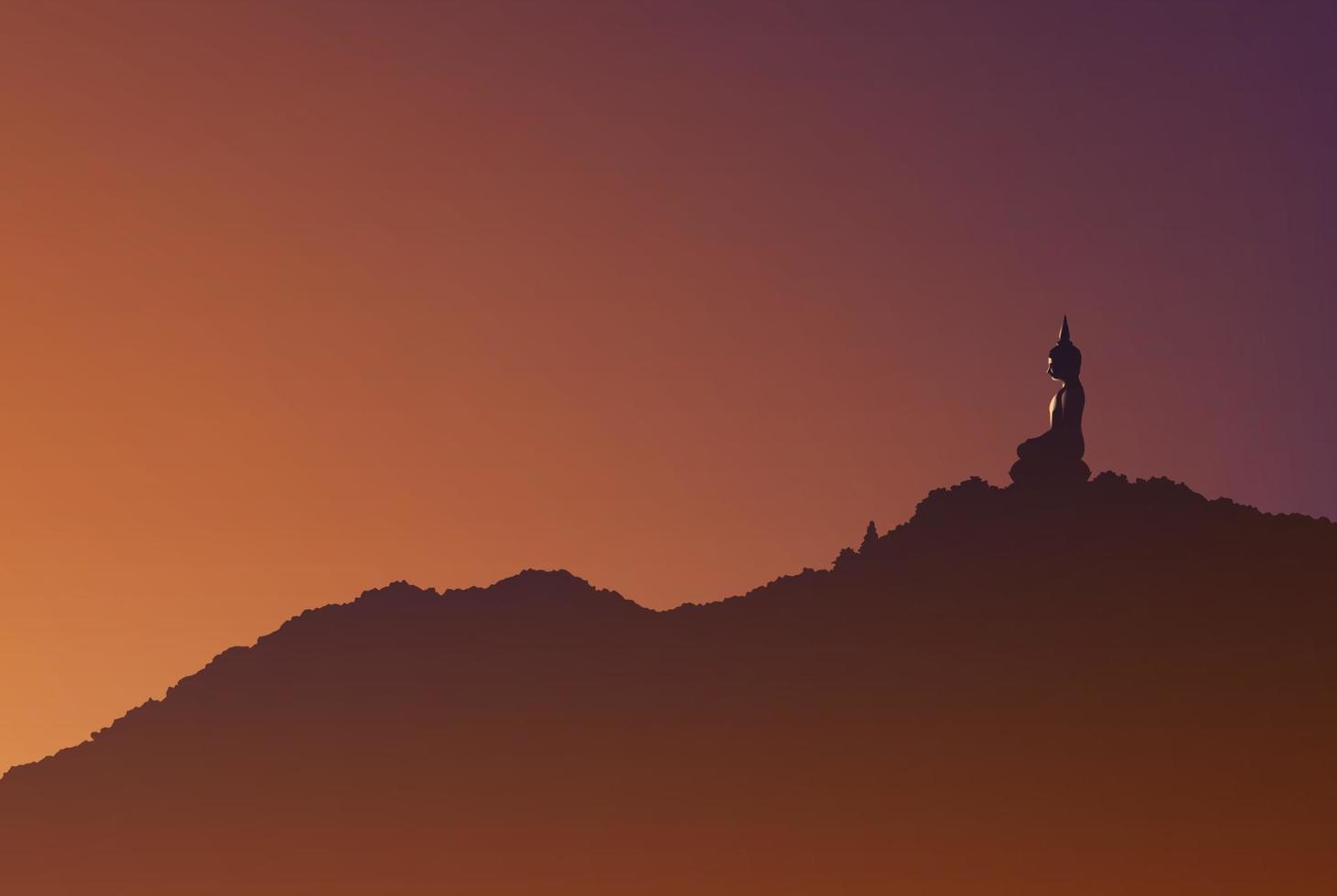 Buddhism vector illustration of a buddha statue in sitting position on the peak of the mountain with the beautiful sunlight is shining up from the right in the morning