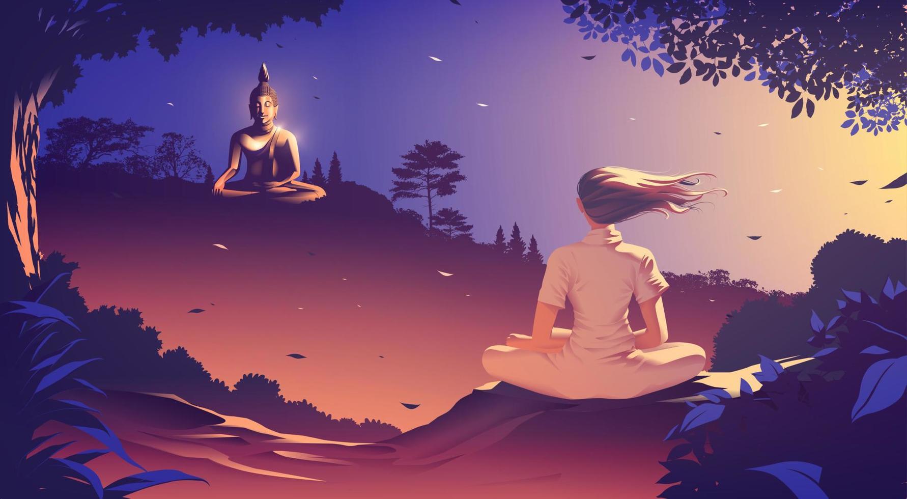 A Buddhism vector illustration of a young woman is meditating on the top of a mountain where she is facing another mountain where the buddha statue in sitting position on the peak of the mountain.