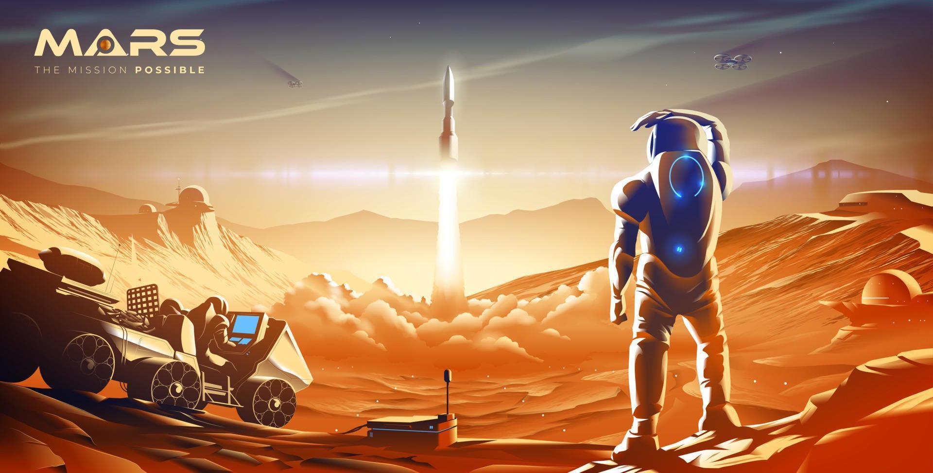 La ilustración vectorial científica de una colonia en Marte en un futuro próximo presenta la misión de lanzamiento del cohete a la atmósfera en una de las colonias. vector