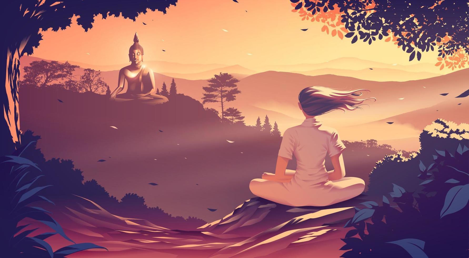 Peaceful young woman in zen yoga position, meditating. Enlightenment,  awareness and harmony concept. 16939994 Vector Art at Vecteezy