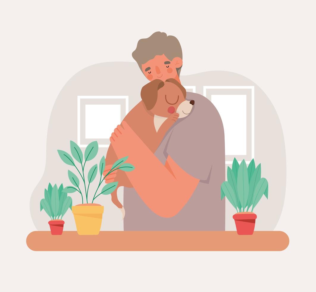 hombre abrazando cachorro vector