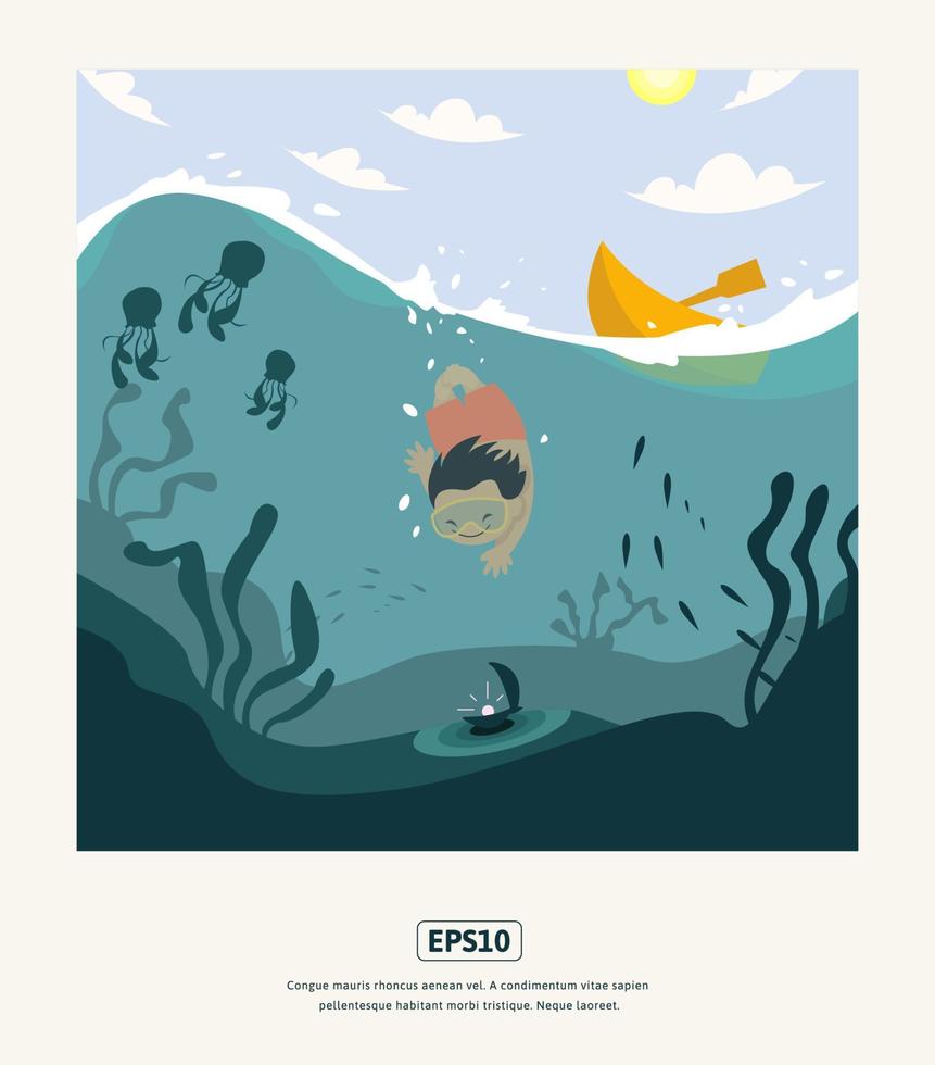 Summer flat illustration, boy diving for pearls vector