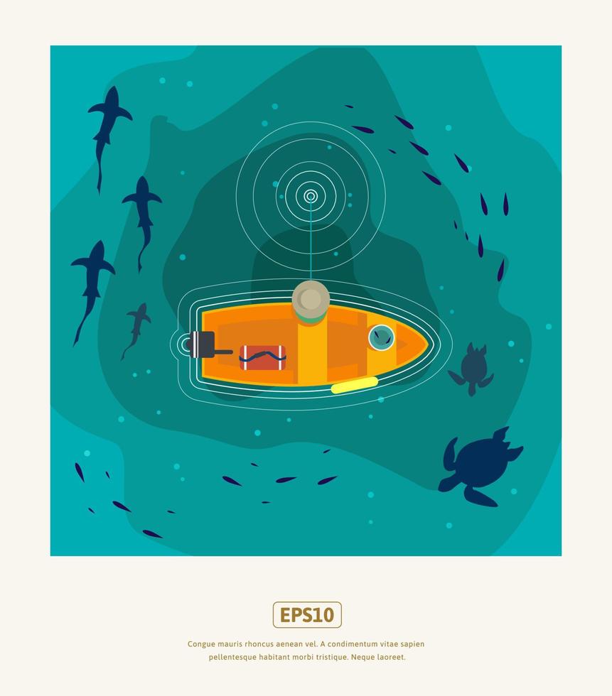 Summer flat illustration, fisherman fishing in the deep sea vector