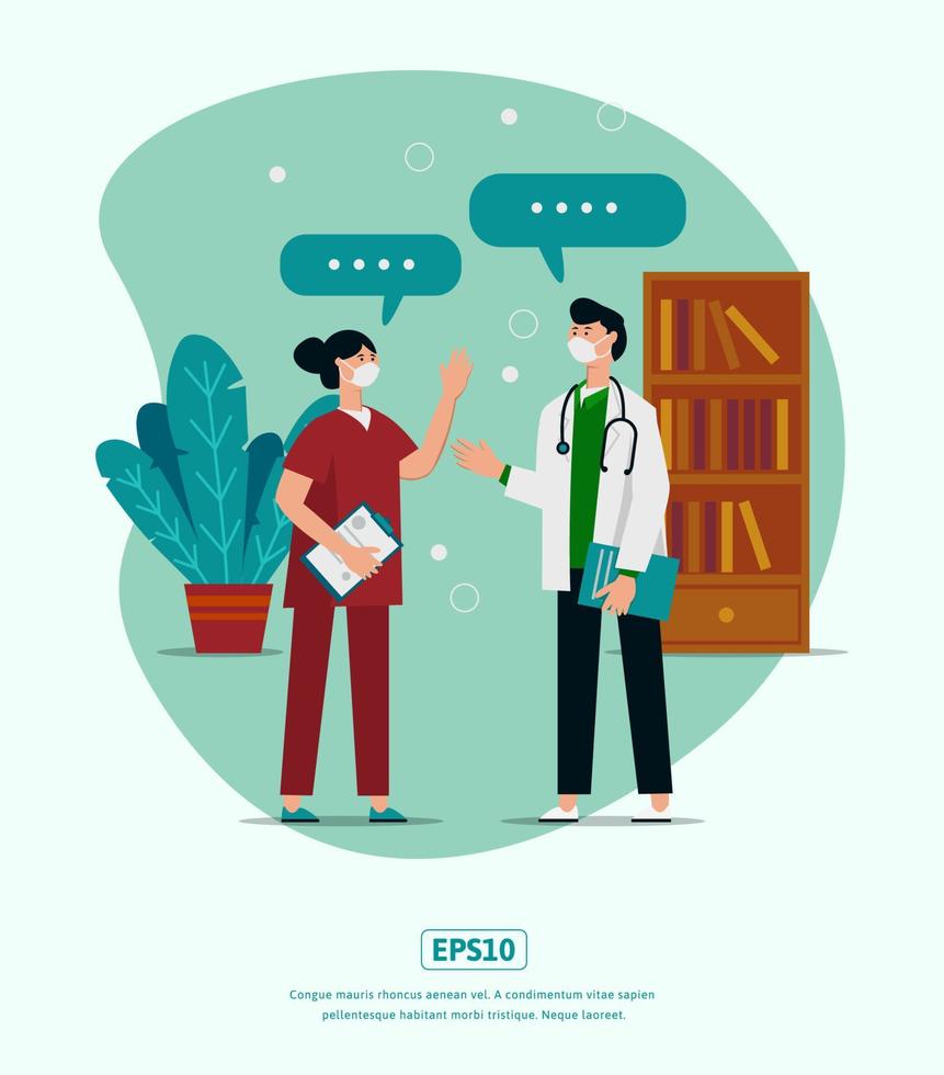 Flat Illustration, Doctor discussion with plant, and bookshelf vector