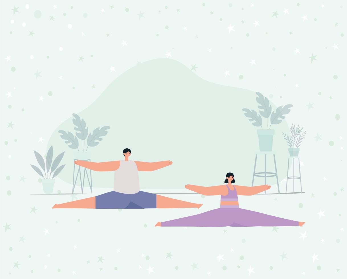 pareja practicando yoga vector