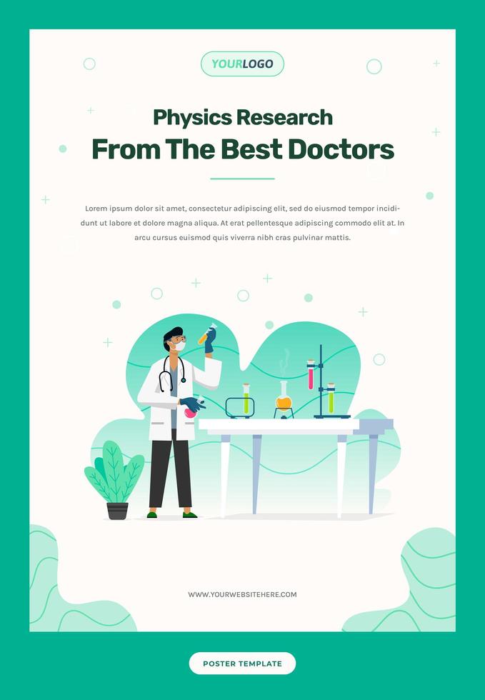 flyer Template, with doctor illustration in a laboratory, with table, chemical liquid, plants vector