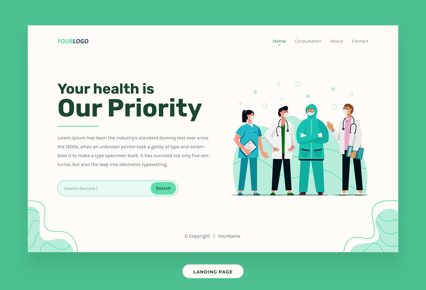 La plantilla web de la página de destino, el personaje de ilustración con el equipo médico se puede utilizar para impresión, infografía, presentación. vector