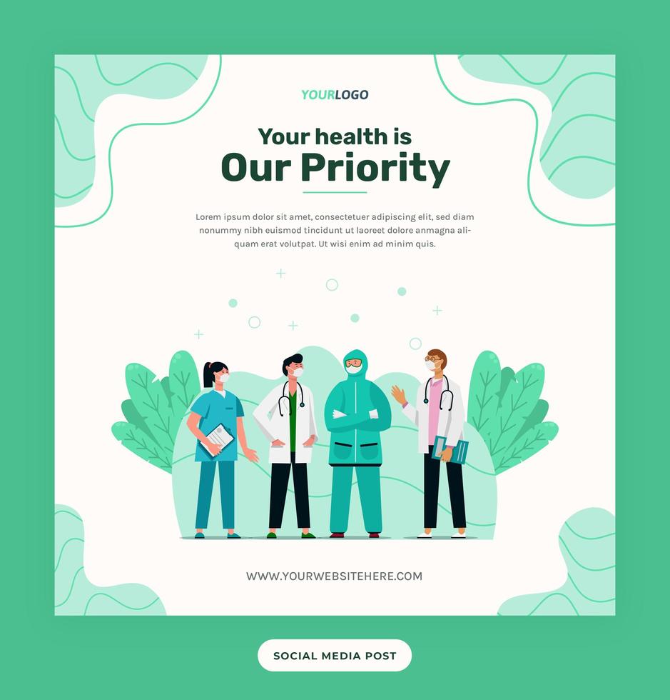 Social media post template, illustration character with the medical outfit can be used for print, infographic, presentation vector