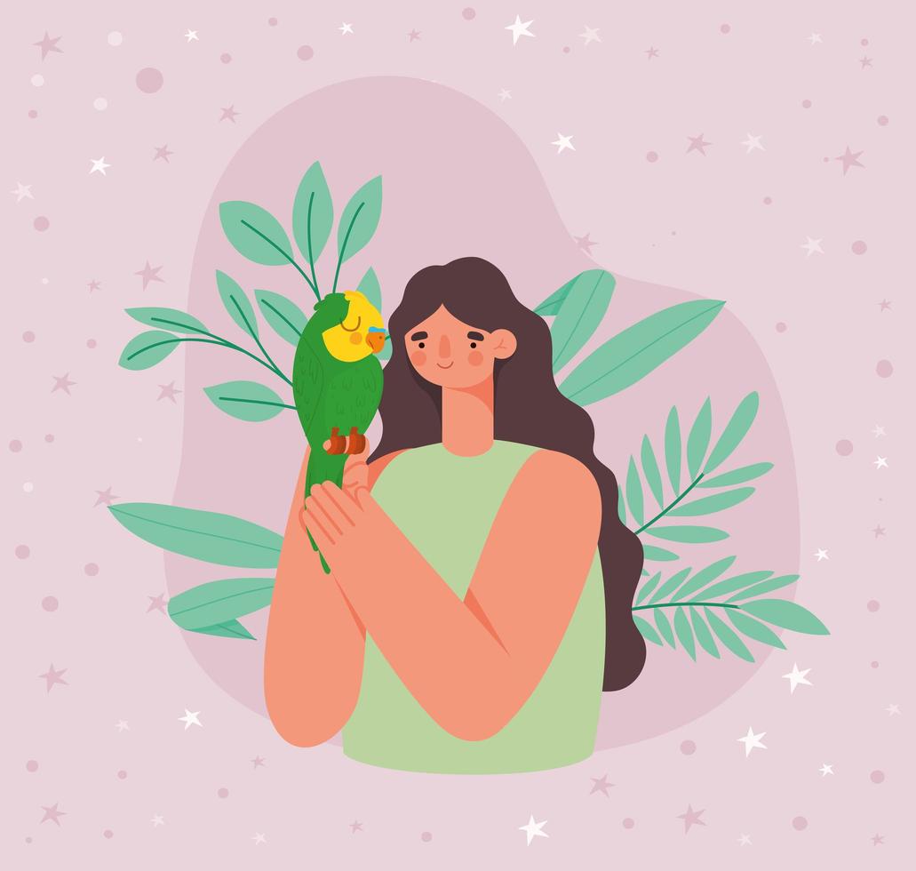 woman holding green parrot vector
