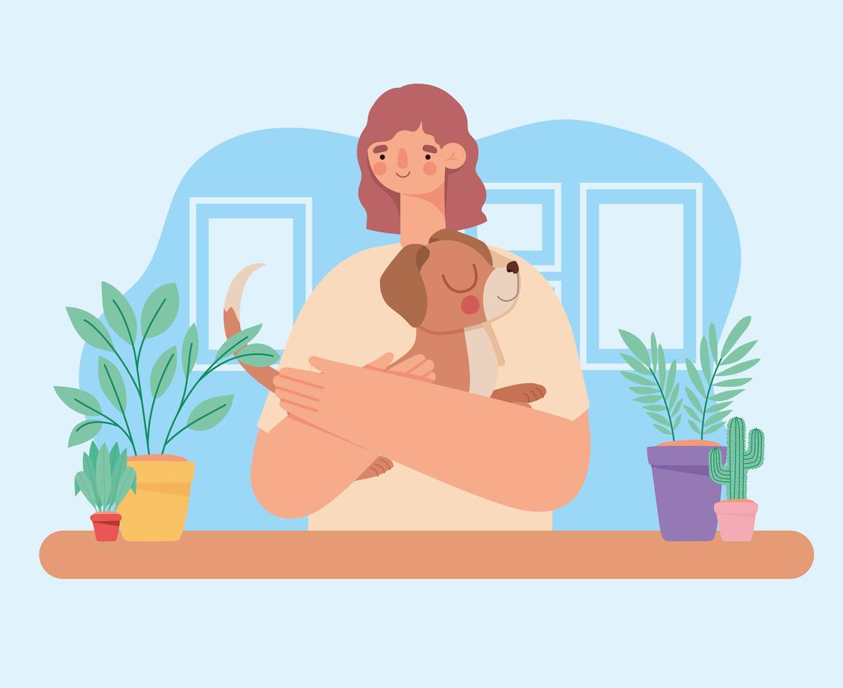 mujer sosteniendo perrito vector