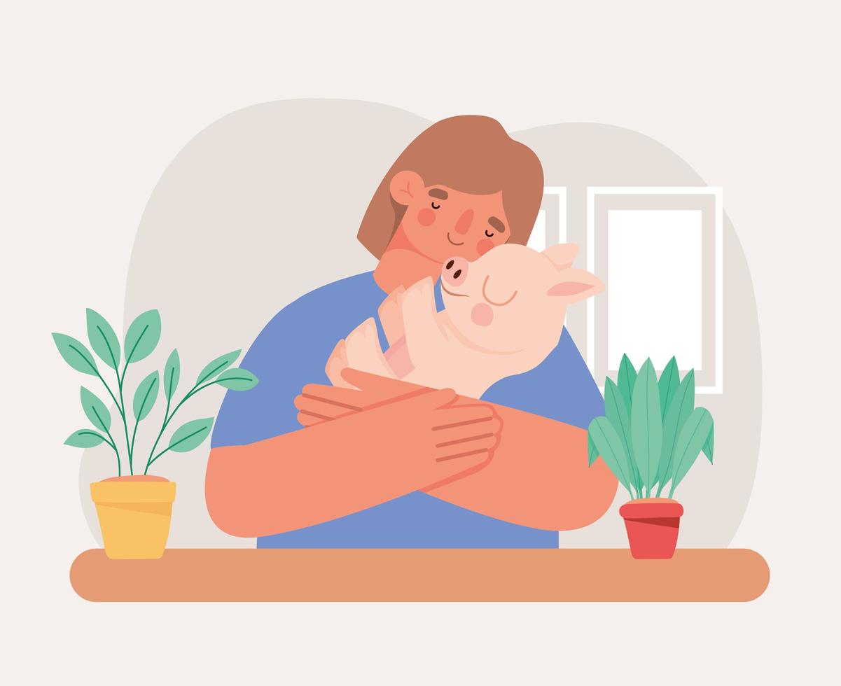 woman hugging pig vector