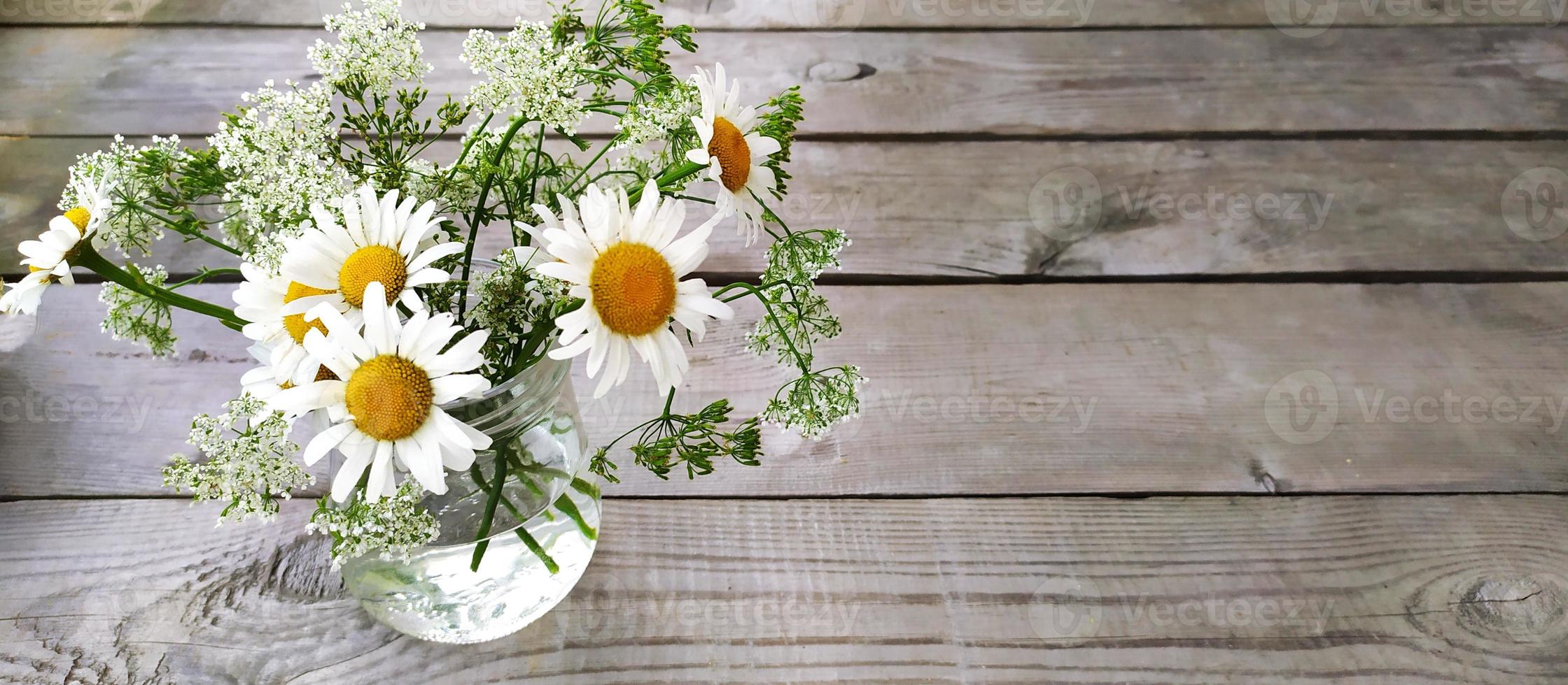 Banner with a bouquet of daisies in a vase and place for text. Beautiful wildflowers sunny flowers on a wooden background. photo